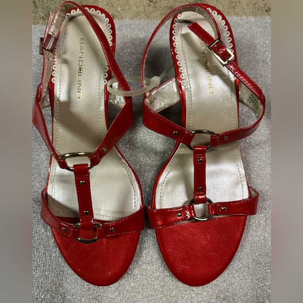 Bandolino Red Patent T-Strap Wedge Heels with Gold Accents